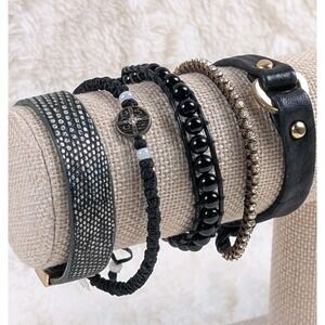 Bracelet Lot Aqua Pura Leather Rhinestone Cuff Beaded‎ Black Boho Stack